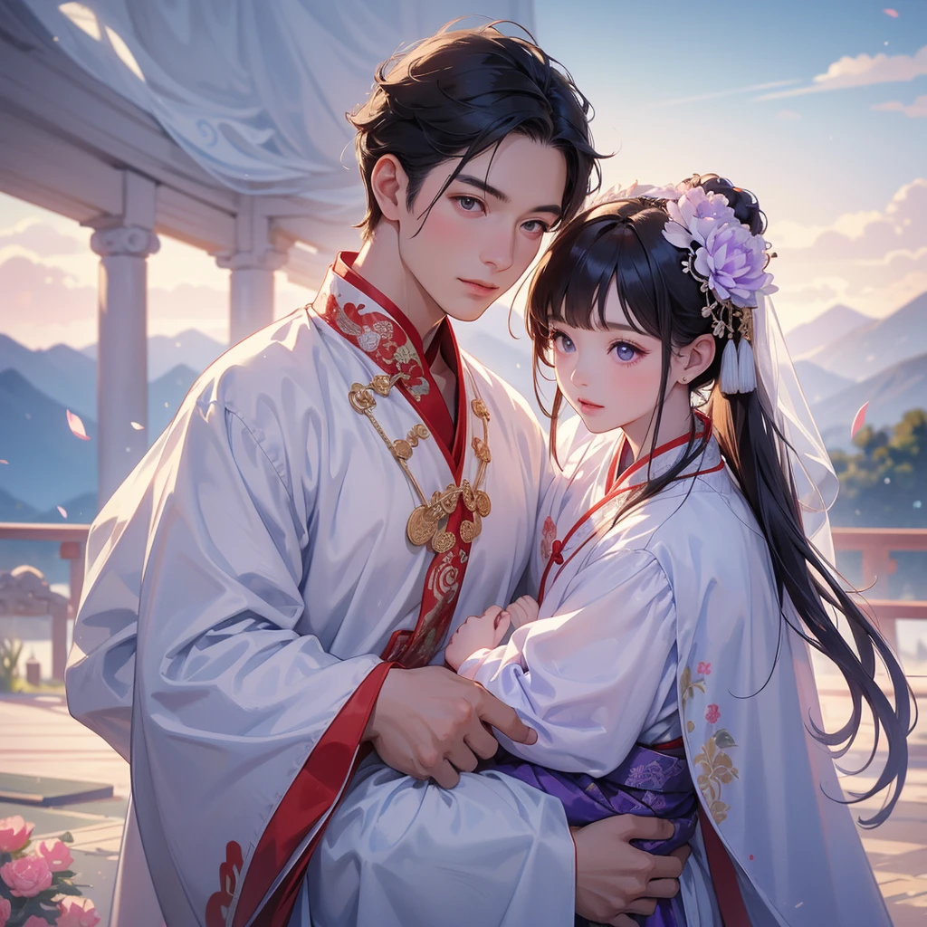 A one-year-old baby boy in an white ancient Chinese baby costume with his beautiful mother, dressed in an ancient Chinese costume, playing with each other, with his handsome father standing next to his mother, close up.

The back is a purple carnation. There are mountains behind. And there were low clouds.