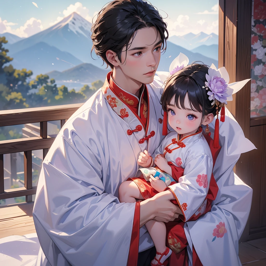A one-year-old baby boy in an white ancient Chinese baby costume with his beautiful mother, dressed in an ancient Chinese costume, playing with each other, with his handsome father standing next to his mother, close up.
The back is a purple carnation. There are mountains behind. And there were low clouds.