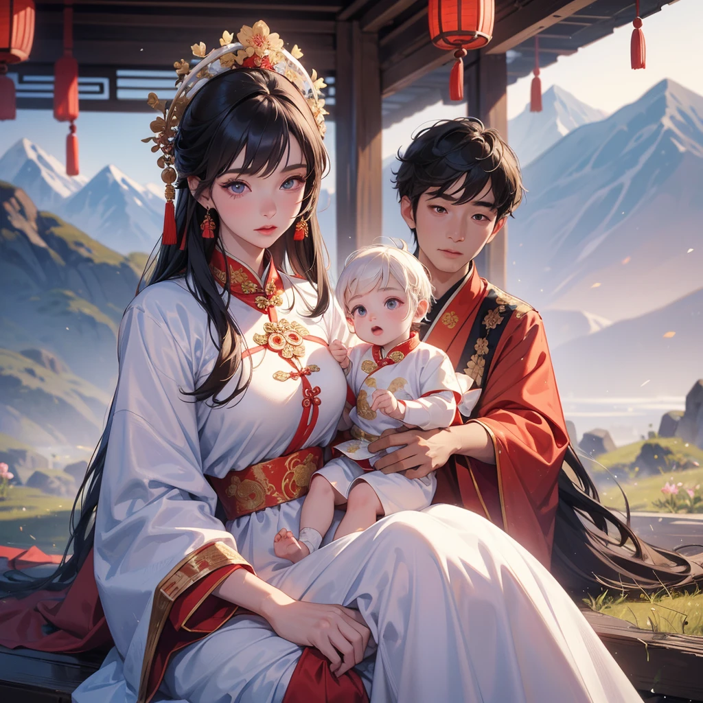 A one-year-old baby boy in an white ancient Chinese baby costume with his beautiful mother, dressed in an ancient Chinese costume, Standing in the middle of a wheat field, There are some floating clouds, playing with each other, with his handsome father standing next to his mother, close up.