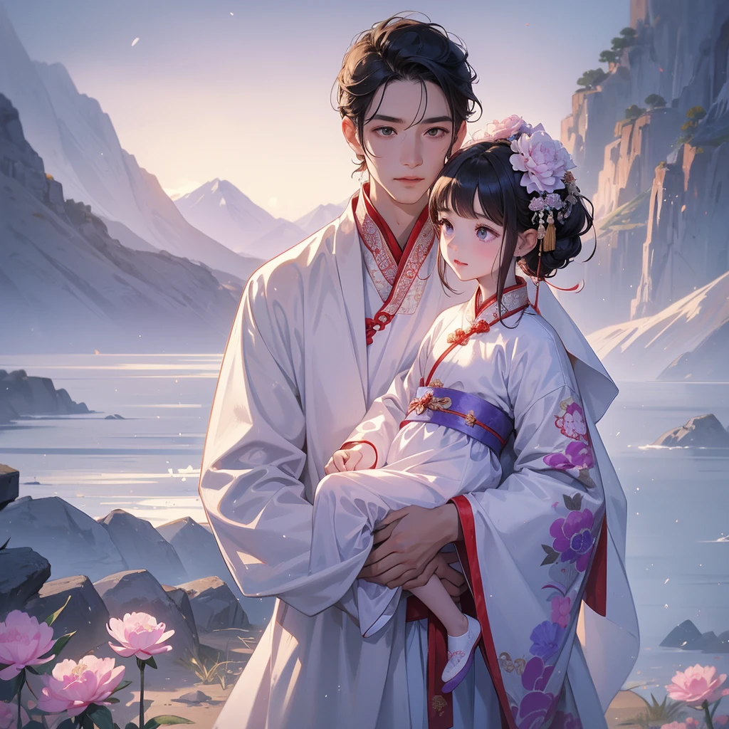 A -yead bab an white ancient Chinese baby costume wiis beautiful mother, dressed in an ancient Chinese costume, playing with each other, with his handsome father standing next to his mother, close up.
The back is a purple carnation. There are mountains behind. And there were low clouds.