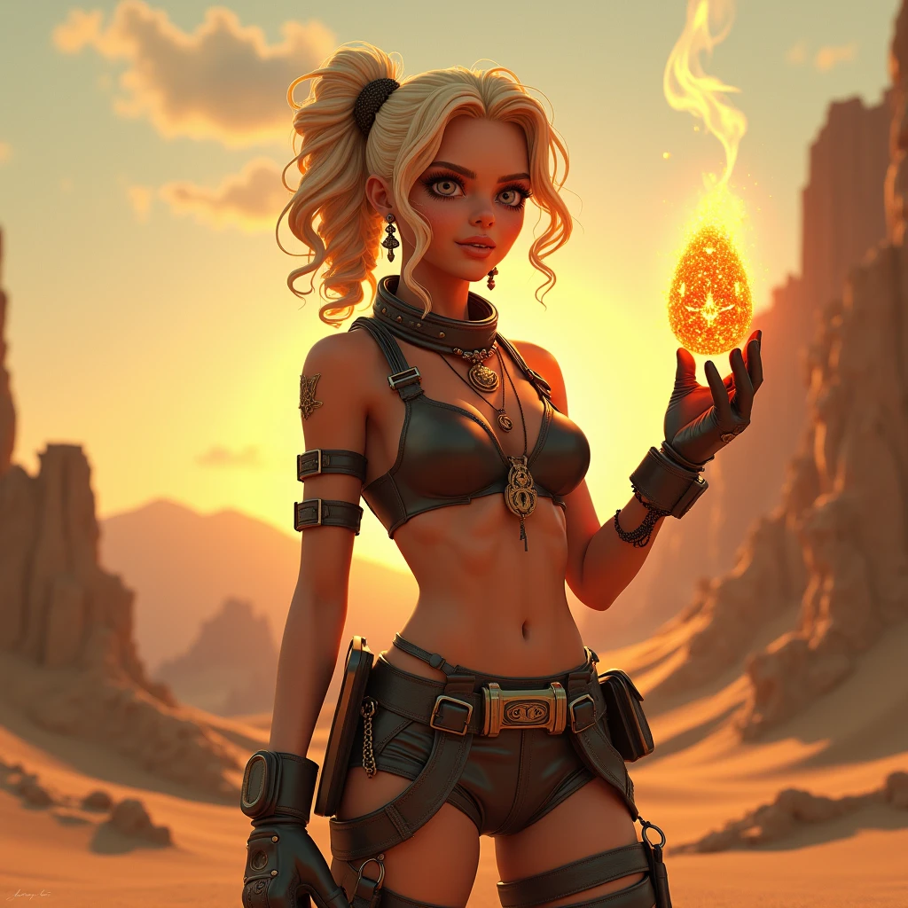 A surreal 3D illustration of a semi-nude assassin with a MadMax-inspired style. The young woman has blonde hair styled in curls. She wears a practical outfit adorned with accessories that reflect her daring and rebellious spirit. The woman holds a mysterious relic in her hand, emitting a radiant light that evokes a dreamy and enchanting charm. The setting is an apocalyptic desert with the remnants of ancient structures and a warm, sunset sky. The image creates a mesmerizing atmosphere and invites the viewer into a world of adventure and magic.