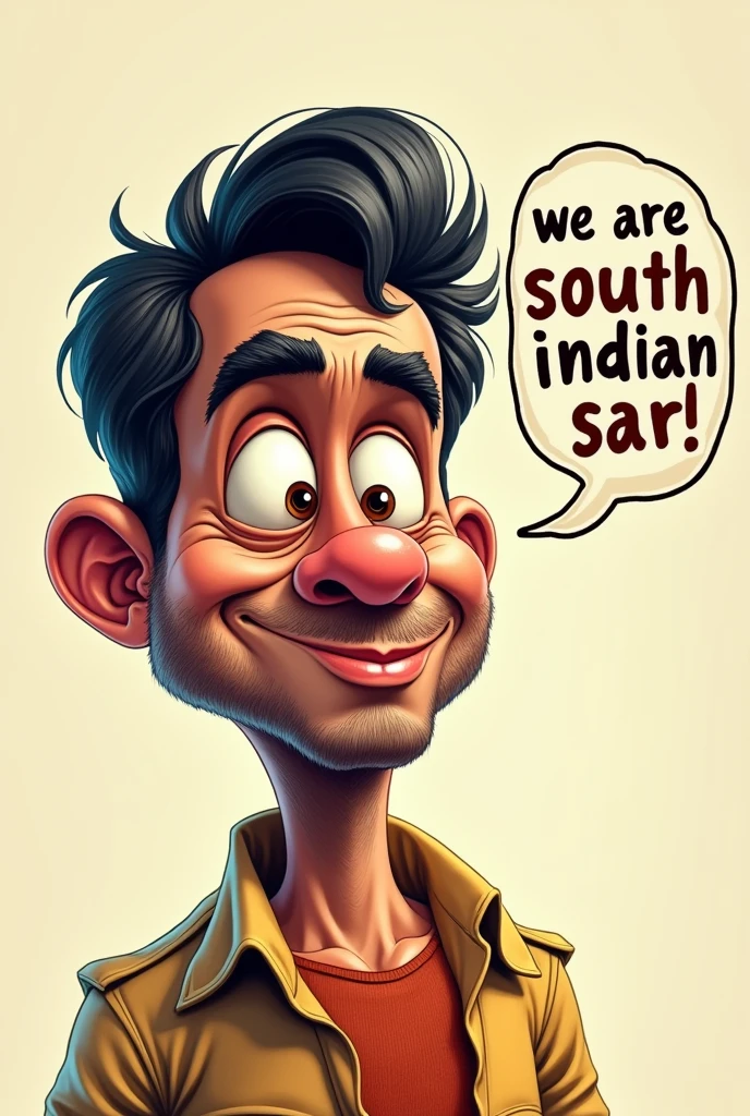 A ugly face south indian with a text bubble which have the following text ( we are south indian Saar)