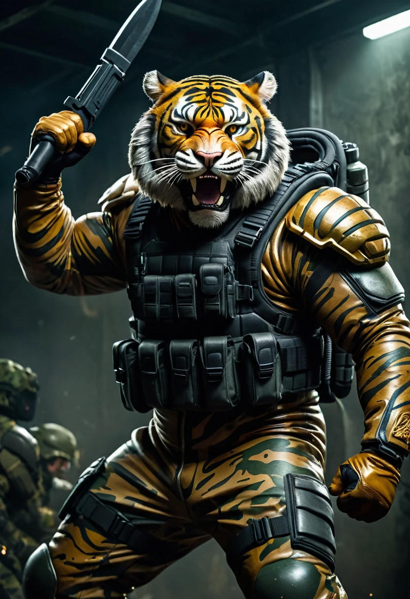 (a dark-skinned fat muscular old man in a bulky army camouflage zipper diver suit) fist up pose, carrying an AK-47, (wearing a small-sized realistic roaring tiger mask), dynamic action pose, fierce expression, roaring, showcasing an imposing stature, surrounded by military elements, dramatic shadows and intense highlights, cinematic color tones, high detail, powerful, art influenced by Bruce Onobrakpeya and Stanley Artgerm, ultra-detailed, best quality image, action-packed atmosphere.