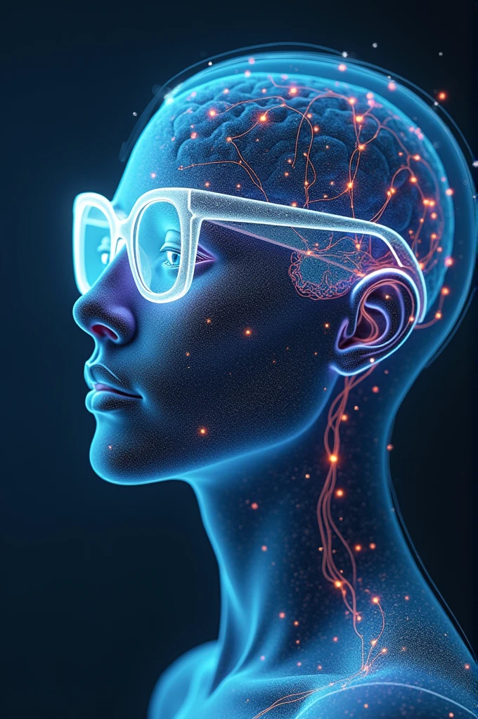 Draw me an invention of futuristic glasses/Lens/monocl, those with the brain (Synapses) are connected, Being able to write down thoughts (visualize) and also store the school material from the board directly in the brain. Der Name der Brille ist mindvisionary. The glasses can also be a hologram cell phone