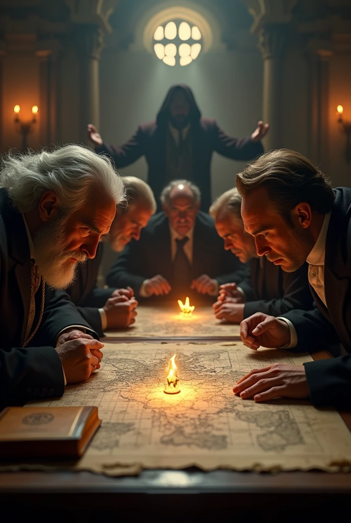 Close-up shot, Low angle shot, (A split image: on one side, a candlelit room where Weishaupt and his followers plot, their faces serious and determined, the table covered with maps, books, and a glowing Illuminati symbol. in the background representing the Illuminati’s influence. The contrast between the calculated plotting and creates a sense of tension and mystery, leaving the viewer questioning the true nature of the Illuminati.) unreal engine, cinematic, hyper-real, highly detailed, Ultra realistic HD --q 2 --v 6.1 --ar 9:16