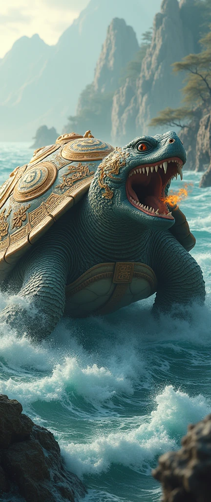 A giant dragon-like turtle with a heavy, ornate shell, a Chinese leader, in a choppy sea, Chinese style, 3D render, super-fine details, high quality, high resolution, best quality, fire into the dragon mout