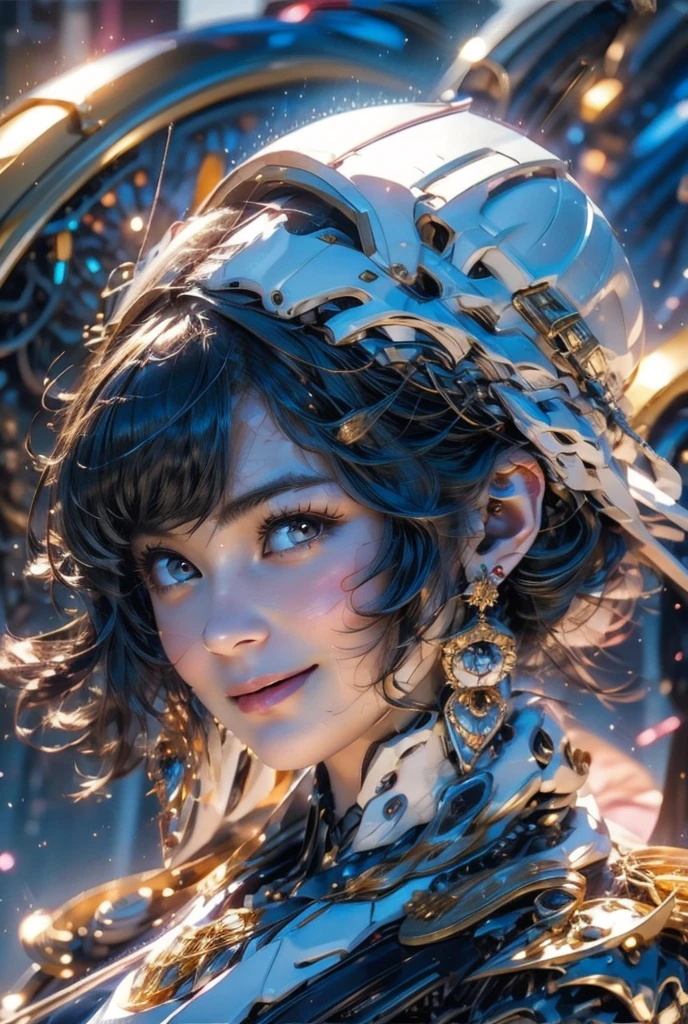 One person, High resolution, chest, Blushing, Shortcuts, bangs, Simple Background, 目の間のbangs, Earrings, Barrette, Background blur, beret, Anatomically correct, Gaze, smile, Black Hair, Open your mouth a little, Minimalist, Highest quality, Character portrait, Soft Light, Gentle colors, Illustration of movement, ハート型のEarrings, Bangs, Top-down composition,City night view,