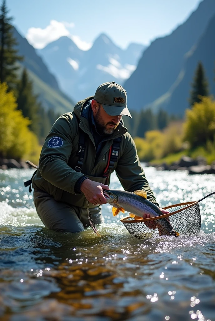 professional photos, Catching char with a landing net in a mountain stream, A beautiful fly hangs in his mouth., Fly fishing catch