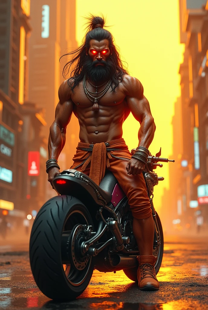 Lord Hanuman standing on cyberpunk city and sitting on a Spelndor plus bike with 6 pac bodybuilding and yellow and orange colour neon light with glowing his eyes in red colour 