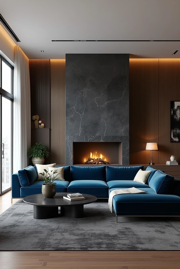 Professional 3d architecture rendering design of modern living room with so dark gray and dark beige and so dark vintage blue floranca velvet sofa set and medium flouting dark gray marble fireplace and brown laminate and elegant and modern accessories and modern windows and black slab stone middle table and elegant ceiling lighting and elegant accessories and elegant dark gray Persian carpet and modern ceiling lighting and white wall and elegant accessories