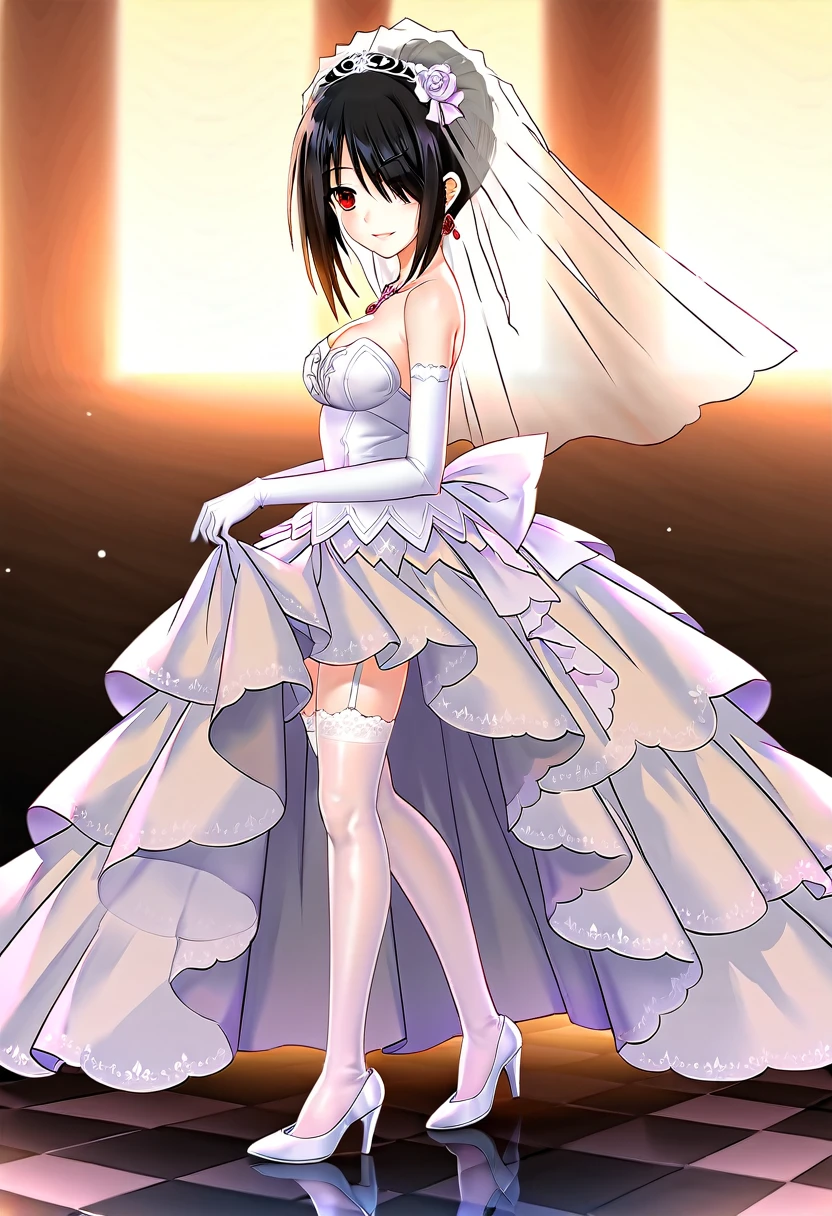 tokisaki kurumi,((masterpiece)),(((best quality))),((ultra-detailed)),((illustration)),((disheveled hair)),((frills)),(1 girl),(solo),1girl,bare shoulders,black hair,bow,bridal veil,bride,checkered,checkered floor,clothes pull,clothing,cross,dress,dress lift,dress pull,earrings,elbow gloves,female,female only,full body,garter straps,glass slipper,gloves,hair bun,hair over one eye,hand on window,headdress,head turned,high heels,jewelry,lace,lace trim,lace-trimmed legwear,lace-trimmed thighhighs,legs,lingerie,long legs,looking at viewer,necklace,open dress,open wedding dress,parted lips,red eyes,shoes,short hair,short hair with long locks,side view,smile,strapless dress,sunbeam,sunburst,sunlight,thighhighs,tied hair,veil,wedding dress,white bow,white legwear,white thighhighs,window,full body,Rating:safe,profile,from side,