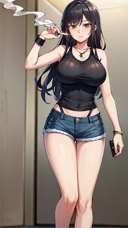 Highest quality,high resolution,２d,(Cel animation style),One woman,30 year old Asian female,(Straight long black hair),((Black tank top)),((Denim shorts)),((1 with a pistol in each hand.3)),(Skull Necklace),Black sneakers,(Beautiful face with a narrow slit 1.3)，Black wristband on left wrist,Beautiful Style,Glamorous Body,(Large Breasts),(((Holding a cigarette)))