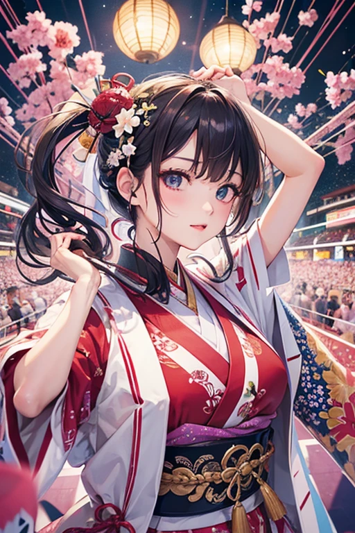 (Japan Bon Odori,最高masterpiece,Highest quality), Hot August,Bright vibrant anime art,People of all ages and genders dance and dance, Let&#39;s dance in yukata,Laughing and dancing, Showing white teeth,Men and women dance in a circle, masterpiece,Highest quality,High resolution,