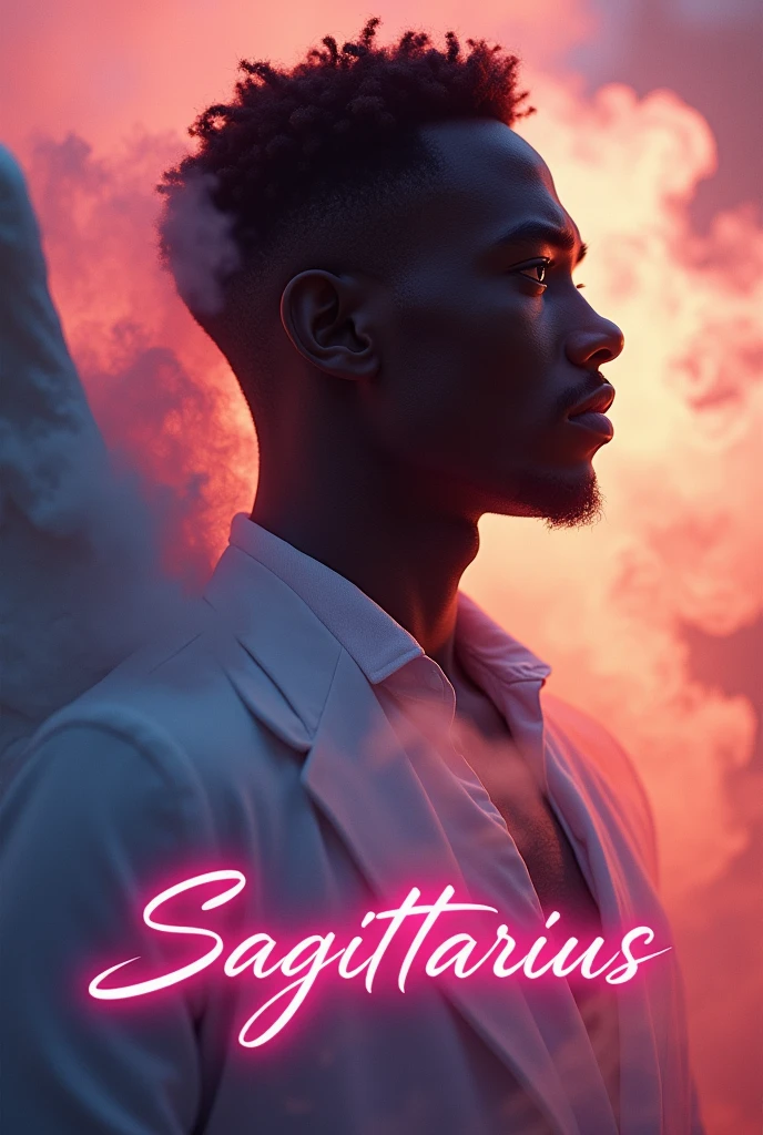 (movie poster with title and text graphics:1.3), (the title banner text logo says, "SAGITTARIUS":1.5), Romanticism, UHD, attractive, ethereal dark skin, regal, black male, handsome, flawless, angelic, soft liquid rainbow smoke background, wind, fractal neon antimatter finish, highly detailed, trending on artstation, sharp focus, studio photo, intricate details, highly detailed, by Artgerm, Thomas Kinkade, Anna Dittmann, Gerhard Richter