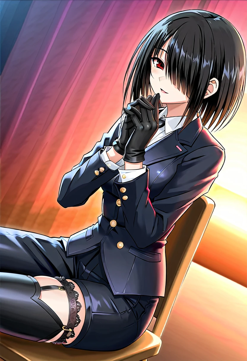 tokisaki kurumi,((masterpiece)),(((best quality))),((ultra-detailed)),((illustration)),((disheveled hair)),((frills)),black leather rider jacket,office in the dark,Fingertips of black leather gloves on both hands,wearing black leather gloves,sitting in a black leather chair,Japanese female new employee (black leather gloves cover both hands) (The angle is horizontal),black leather leather pants,black leather black leather pants,black leather skinny pants,Long black leather boots on both feet,((He wears black leather gloves on his hands))Full body photo,full body shot full body full body leather suit,If you turn in this direction,wearing black leather gloves,wearing black leather gloves,wearing black leather gloves,wearing black leather gloves,wearing black leather gloves,wearing black leather gloves,red eyes with highlights,black long hair(delicate eyes),hair over one eye,

