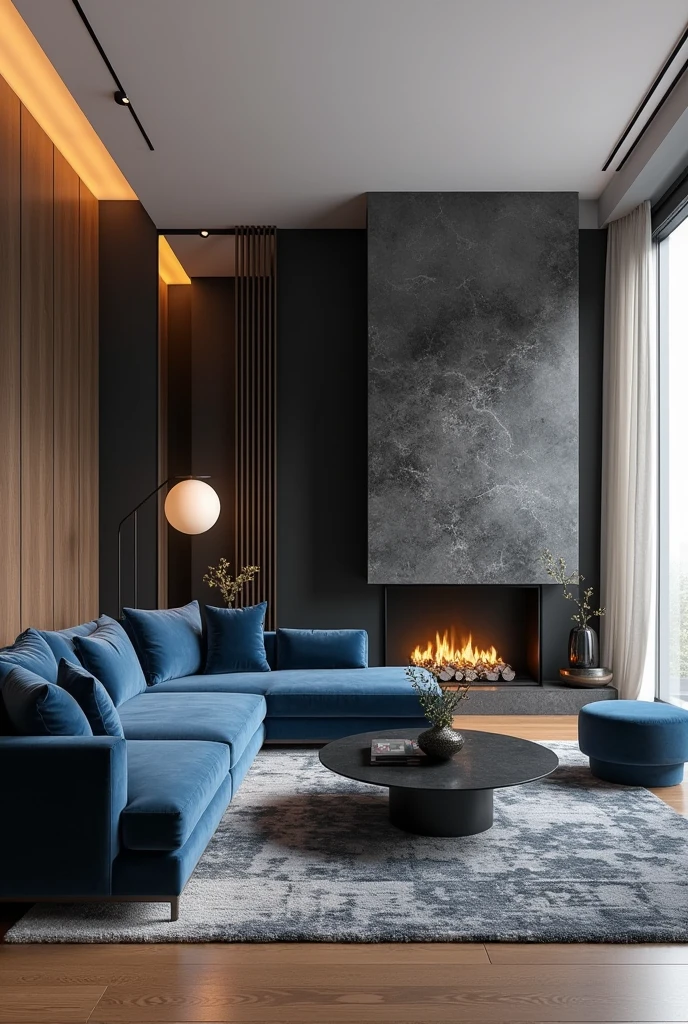 Professional 3d architecture rendering design of modern living room with so dark gray and dark beige and so dark vintage blue floranca velvet sofa set and medium flouting dark gray marble fireplace and brown laminate and elegant and modern accessories and modern windows and black slab stone middle table and elegant ceiling lighting and elegant accessories and elegant dark gray Persian carpet and modern ceiling lighting and white wall and elegant accessories