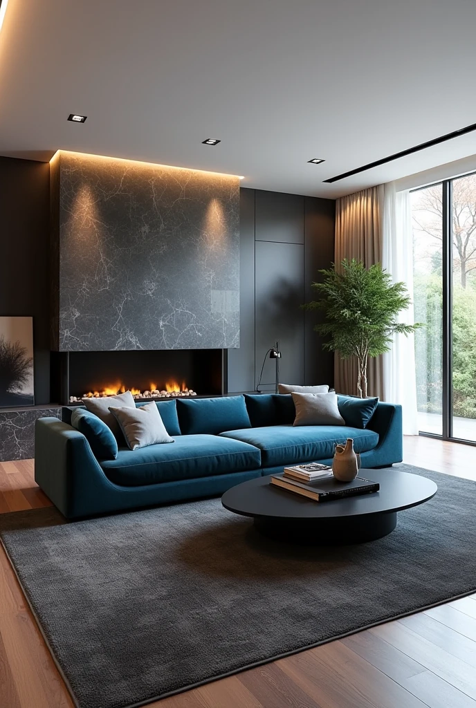 Professional 3d architecture rendering design of modern living room with so dark gray and dark beige and so dark vintage blue floranca velvet sofa set and medium flouting dark gray marble fireplace and brown laminate and elegant and modern accessories and modern windows and black slab stone middle table and elegant ceiling lighting and elegant accessories and elegant dark gray Persian carpet and modern ceiling lighting and white wall and elegant accessories