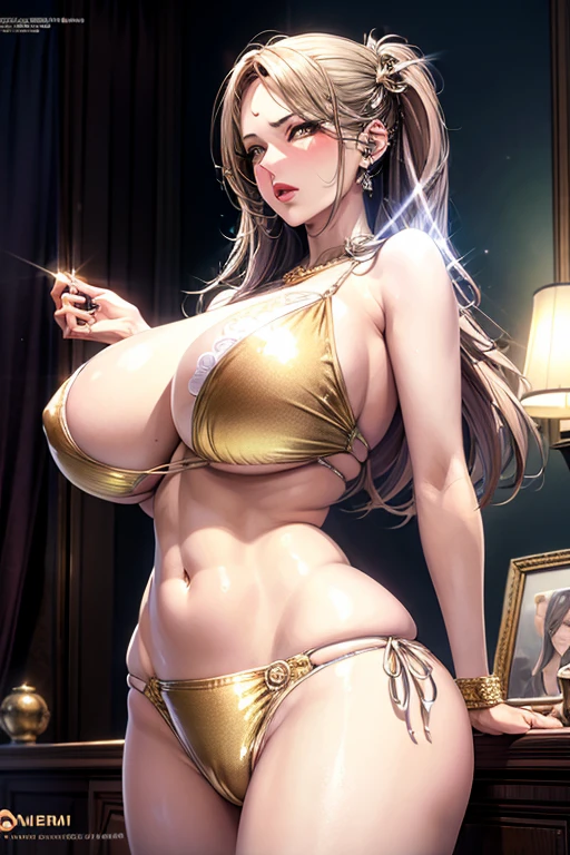 realistic,masterpiece,best quality,elaborate features, extremely detailed,ultra detailed,1girl,gorgeous ,golden bikini,curvy,vulgar,fair skin,shy,milf,glittery,luster,flashy,(shiny skin:1.2),((oiled_skin,glistening_skin:1.2)),milfication, mature female, gigantic breasts,add_detail:1, add_detail:0, add_detail:0.5