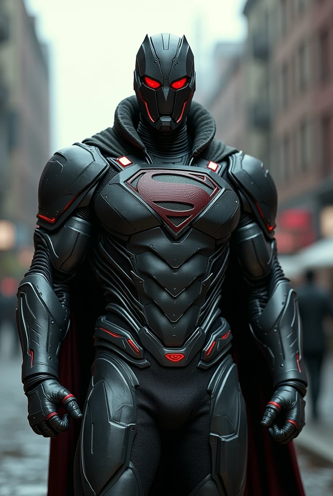 Superman in armor, He wears a jacket and cyclops glasses