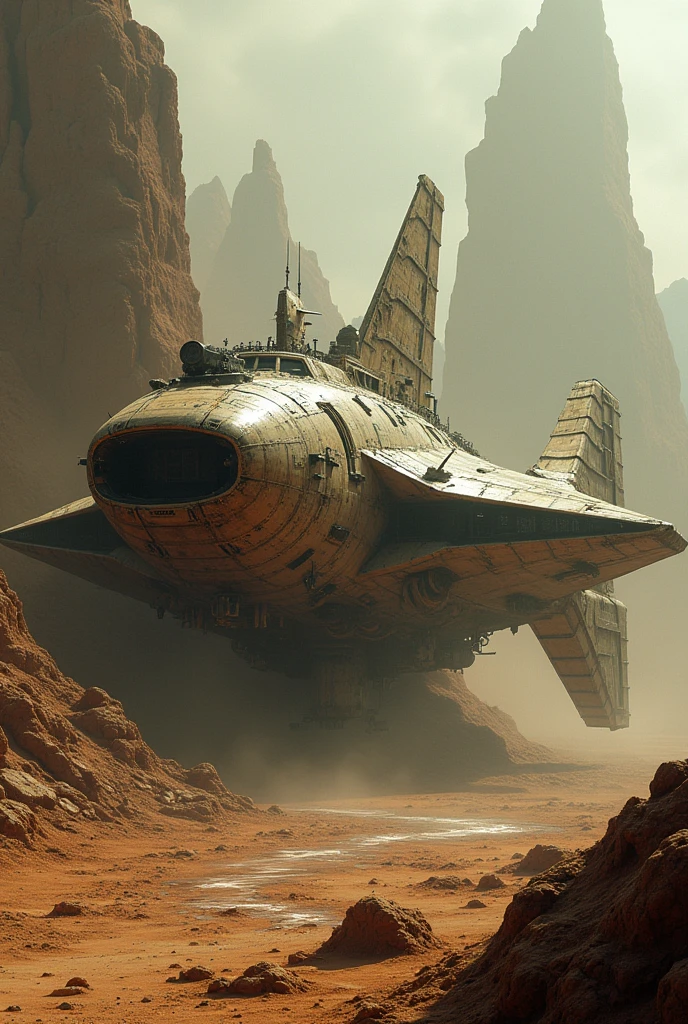 Flying fighter aircraft, Detailed crashed spaceship, Detailed spaceship, movie「Dune」Spaceship, Derelict spacecraft, Valkyrie fighter, flying scifi vehicle, レトロなSF Spaceship, Very detailed, Ancient crashed spaceship, SF Spaceship, Fallout Airplane Concept Art, 古代Spaceship