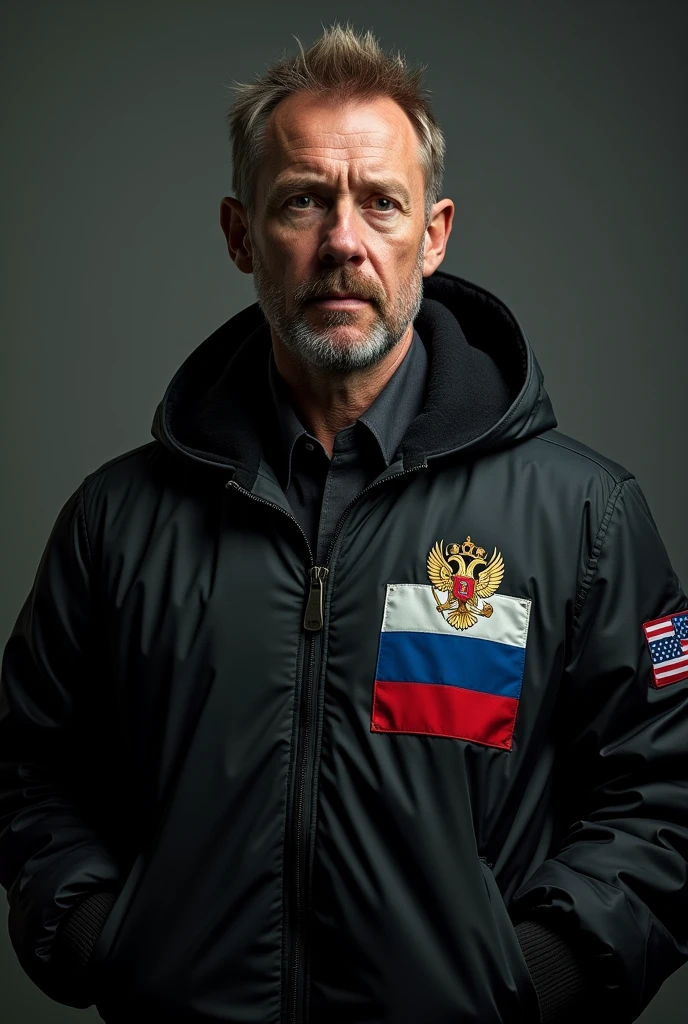 Take me a photo of an 1 man with a black jacket on his chest with the Russian flag with its colors and coat of arms 