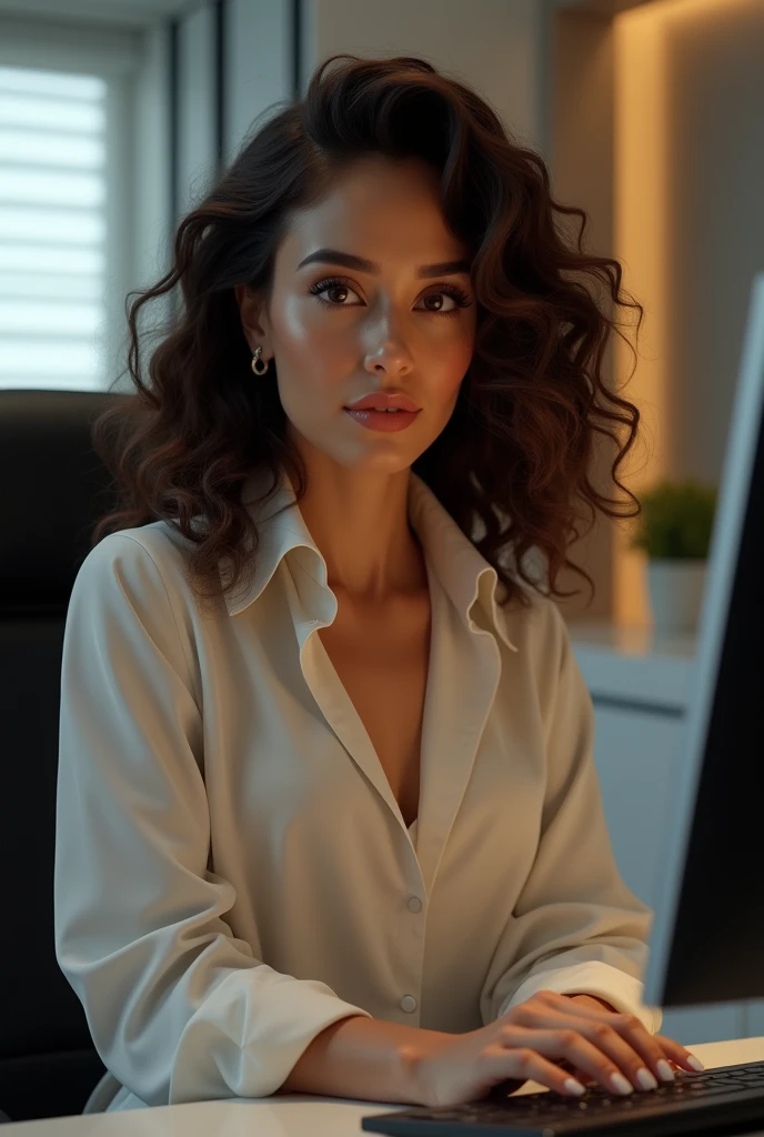 high quality, 8k, detailed, photorealistic, 1 girl, female, beautiful detailed eyes, beautiful detailed lips, extremely detailed face and portrait, long eyelashes, curly hair, elegant, sitting in a modern office, working at a computer, corporate branding, MTI CONNECTECH PVT.LTD logo, professional, clean, minimalist, warm lighting, soft shadows, muted colors