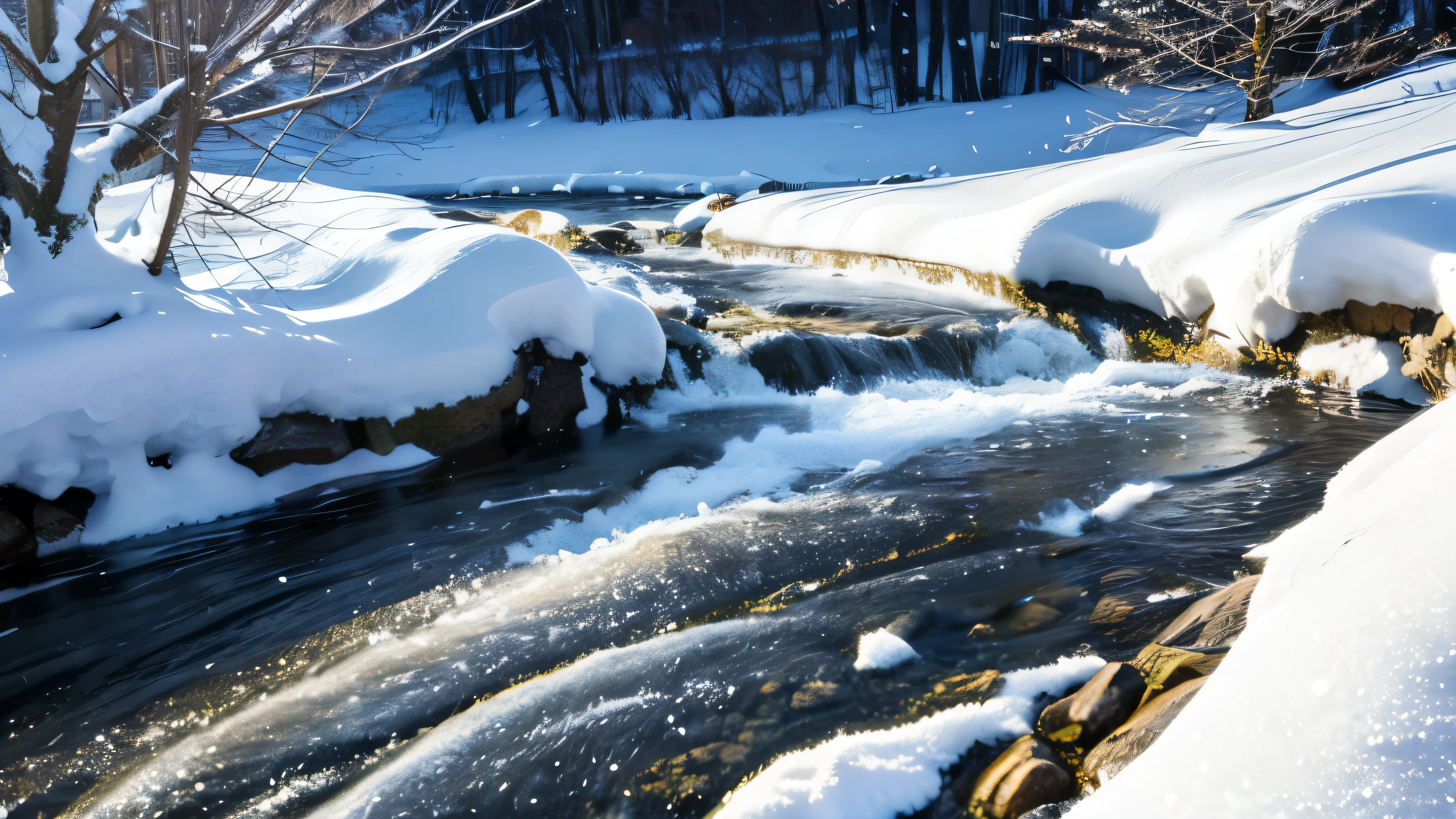 Snow is piled up、A stream running with meltwater、The water sparkles in the sunlight、Zoom image