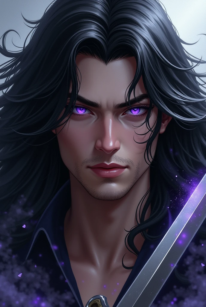 Close-up of a man with black hair, a black-haired deity, by Yang J, with black hair, handsome guy in demon killer art, Guvitz, Guvitz style artwork, handsome, long black hair, by fanci, cloud-like black hair, beautiful figure painting, black hair, eyes purple, with sowrd