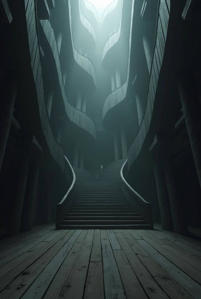 (photorealism:1.2), immense inside space, twisted and unreal, liminal, dark, haunted, artificial , wooden floors, staircases, darkness eternal, Gray lighting,