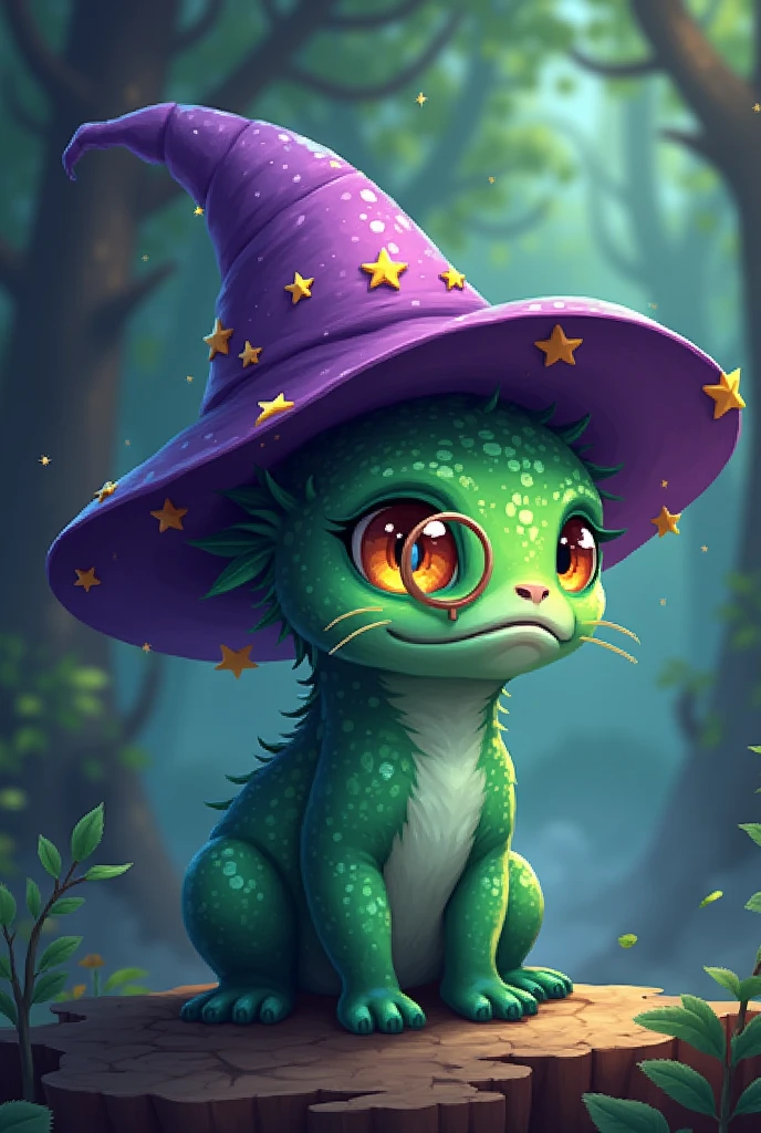 **"A pixel art of a fantasy creature with emerald green skin, three eyes gazing to the right, and wearing a purple wizard's hat adorned with golden stars, with a small monocle on the left eye."**
