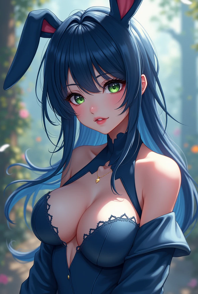 a beautiful detailed anime girl, 1girl, extremely detailed eyes and face, long dark blue hair in pixie cut, big breasts, dark green eyes, dark blue bunny suit, highly detailed, masterpiece, (best quality,4k,8k,highres,masterpiece:1.2),ultra-detailed,(realistic,photorealistic,photo-realistic:1.37),fantasy,anime