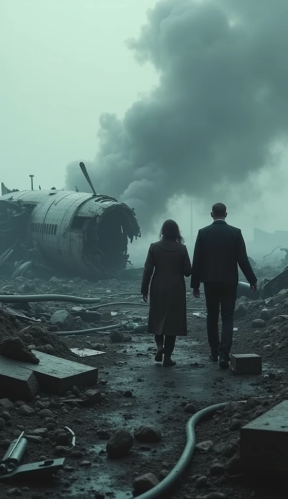 photorealistic, highly detailed, crash site of a crashed passenger plane, twisted and crumpled fuselage, scattered debris, smoke plumes, emergency responders, 1 pilot, 2 passengers, injured people, twisted metal, broken glass, fire, chaos, somber mood, gritty realism, dark and moody lighting, muted color palette, dramatic shadows, HDR, cinematic composition, masterpiece