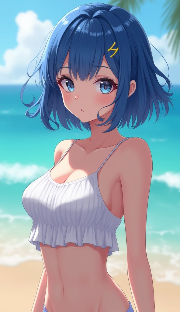 (Highest quality:1.4、8K:1.4、detailed)、F cup bust、Big Breasts、Slim body、Very white beautiful skin、((((1 person、Surprised expression、sit、Chair、In the background are the urban buildings of Tokyo、looking at the camera、Outdoor café terrace、coastal、Navy hair color、juice、Shooting up close、table、Very cute face))))、((((nude、Areola))))、(Touching hair with both hands:1.4)、Nipples、bikini、Very blue sky、A completely cloudless sky