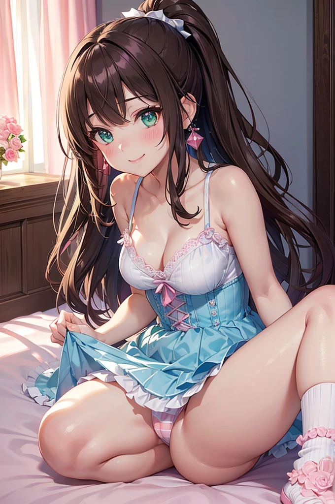 A beautiful girl in a blue dress sitting on a bed with rose petals, anime girl,masterpiece, longing, closeup cleavage, Big eyes, KawaTech, kawaii, Cute, Pastel colors, Best Quality, cheerfulness, Deep background, Symmetrical, Head Tilted, 1girl in, lightsmile, Shiny skin, Best Quality, masterpiece, (Game CG:1.4), NSFW, Detailed beautiful face and eyes, bottom shot, turned around, hight resolution, (high detailed face), ((((1girl in)))), ((( Solo ))), delicate and pretty, Perfect face, Beautiful detailed eyes, ((Smile)), earrings, smile, blush, pupils sparkling, Fair skin, Real Human Skin, ((((20 years old )))), (big round breasts)), Baby face, dark brown hair, pink gradient bangs, long bangs, long hair, (((Ponytail))), wavy hair, swept bangs, shiny hair, hairclip, ribbon, hair flower, gymnastic suit, masterpiece, super fine illustration, best quality, light particles, ultra-detailed, 8K wallpaper, (bright colors:1.2), solo, ((a little girl)), big breasts, (brown hair), shiny skin, (wearing pale blue and white horizontal striped dress, short sleeve), (frilled miniskirt), (white legwear), ((horizontal striped panty)), (beautiful green eyes, shiny eyes, big eyes), affectionate smile, seductive smile, closed mouth, shadowblush cheeks, (naughty room),, panorama, Wide-Angle, f/1.8, 85mm, Nikon, 8k, super detail, UHD, retina, masterpiece, accurate, anatomically correct, textured skin, high details, best quality, highres, pink bed), (pink pillows), (pink curtain), looking back, get d16(own all fours, nsfw, sunlight, high detail, anime, anime style, cinematic lighting, dithering, image fill, framed, pov, perspectivek