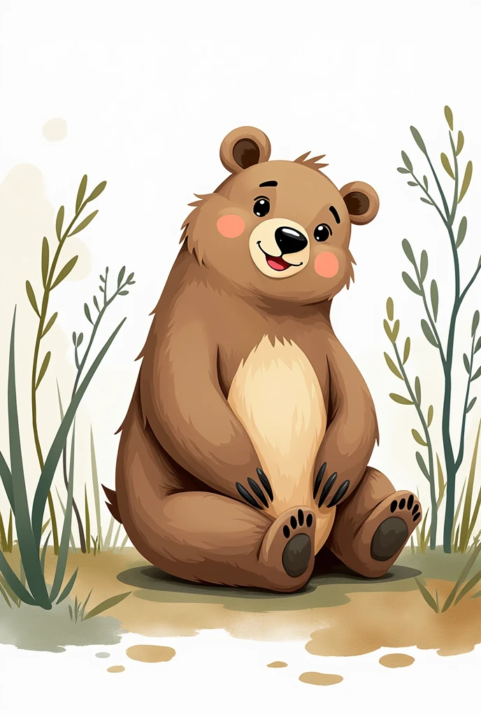 a charming animal flashcard in a cartoon watercolor style with a 2D drawing. The focus is on a playful representation of a bear.