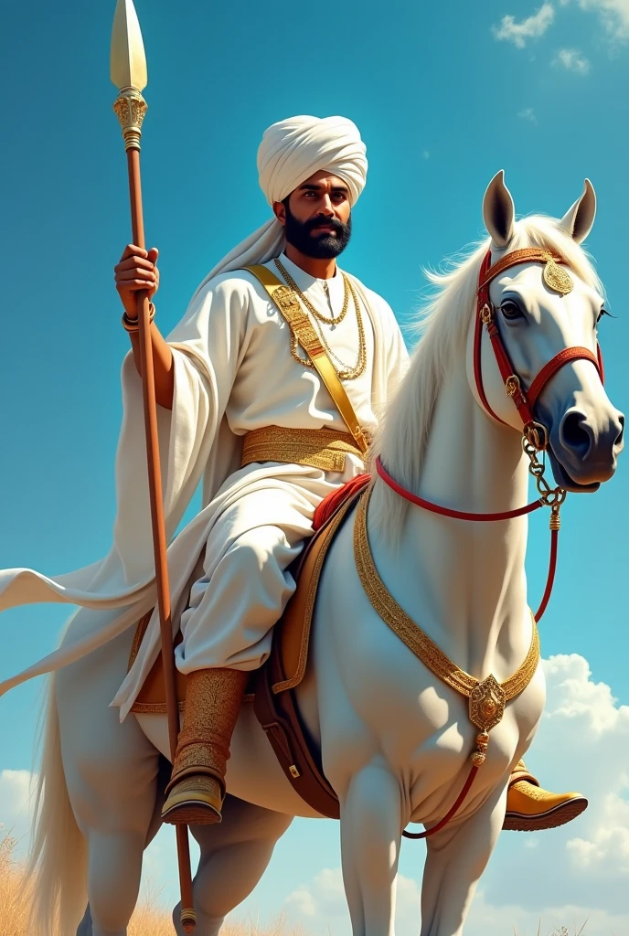 वीर तेजाजी महाराज जिनके सिर पर पगड़ी है और हाथ में चमकता हुआ भाला है सफेद वस्त्र धारण किए हुए पैरो में चमकती हुई जूती है सफेद घोड़े पर बैठे है और उनके मुछे भी है नीला आसमान है