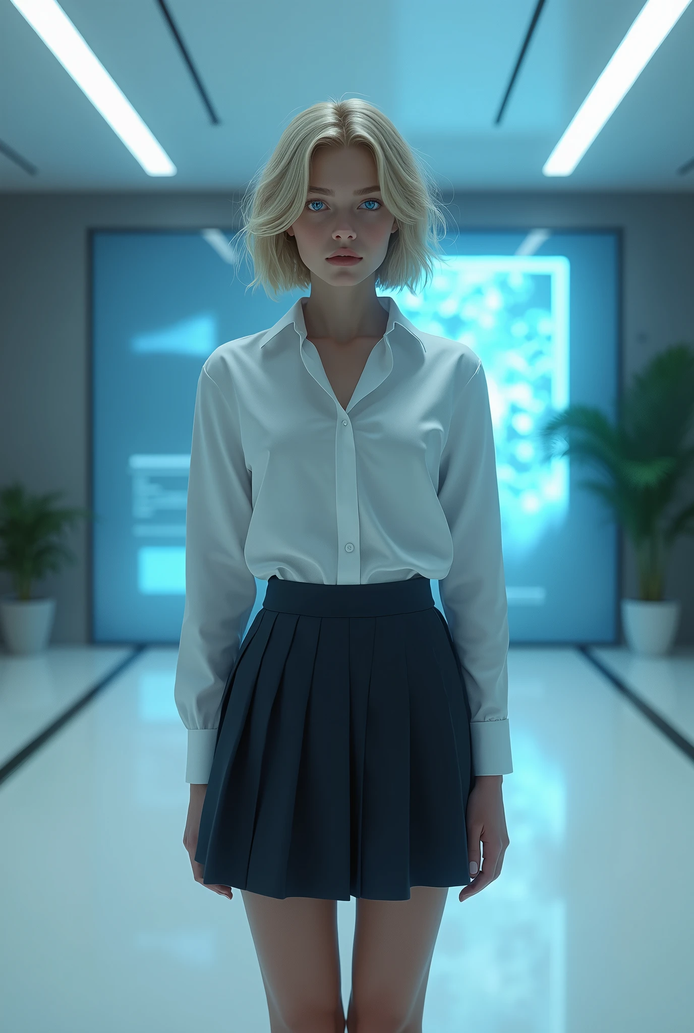 (photorealism:1.2), beautiful woman, swedish, blonde,sad, pensive, assistant, short pleated skirt, 18yo, corporate lobby, white floor and ceiling, blue lighting, hologram, projection,looking at camera, short hair, glowing blue eyes, full body