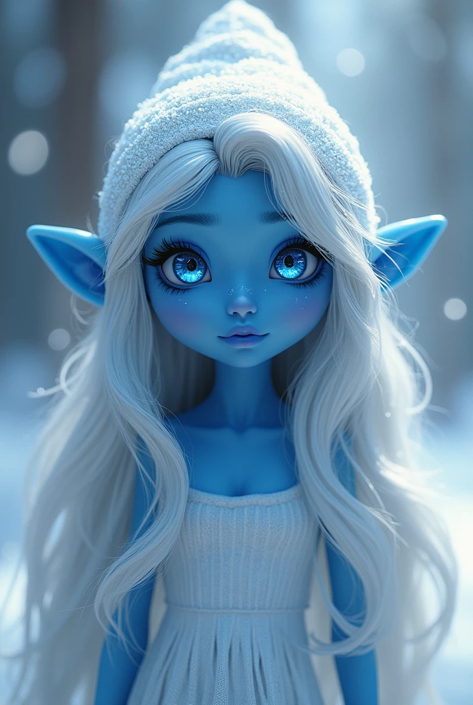 White skin smurfette, very beautiful, crystal blue eyes, long straight silver hair, captivatingly beautiful 