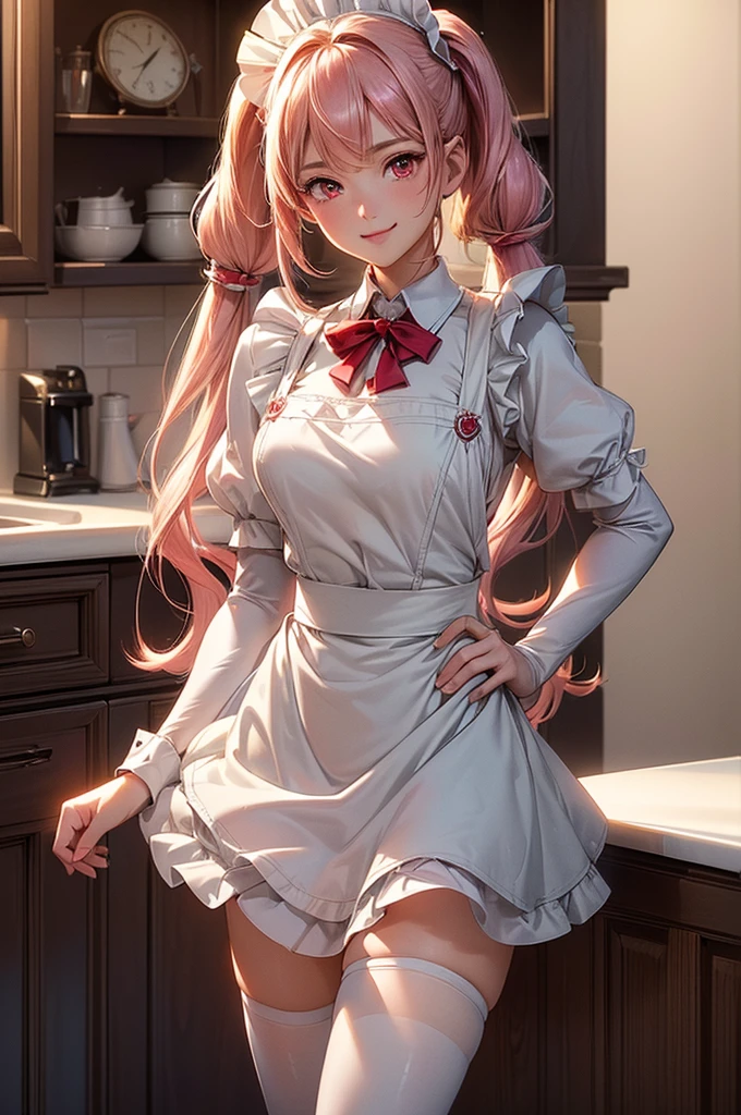 ((best quality, ultra-detailed, high resolution, extremely detailed CG, super detailed, direct light, Most beautiful clean lighting)), 1 girl, beautiful girl, cute girl and idol face, young face, smile, Beautiful long pink hair, twintails, Beautiful shining red eyes, white skin, slender, Short body, White tights, maid apron, kitchen.
