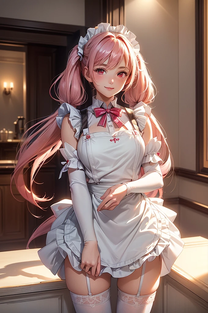 ((best quality, ultra-detailed, high resolution, extremely detailed CG, super detailed, direct light, Most beautiful clean lighting)), 1 girl, beautiful girl, cute girl and idol face, young face, smile, Beautiful long pink hair, twintails, Beautiful shining red eyes, white skin, slender, Short body, White tights, maid apron, kitchen.
