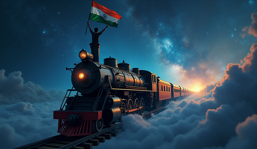 Night Sky、Star of the sky、Flying steam locomotive、Galaxy Express 999,Side view、A work with a starry sky as the main focus , a man standing on the top of the train holding indian flag