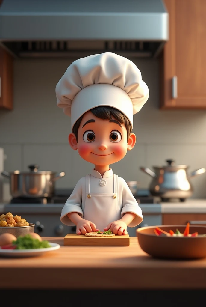  a children its a boy, the theme is a chef, the background is he is in the kitchen make it realistic (the subject is in the center, in front if camera cooking )