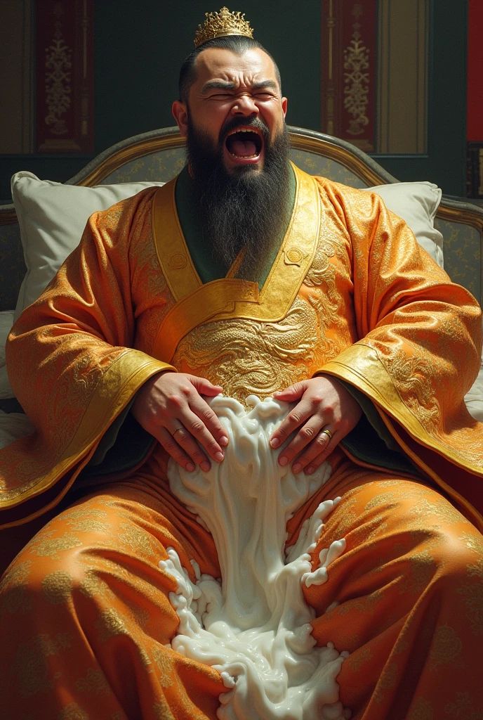 creating an image of a emperor, lying in bed, with his golden dragon robe, painfully covering his groin, his crotch was drenched and wet in milky mucus. His eyes were wide open, his mouth wide open with difficulty breathing. Chinese style.