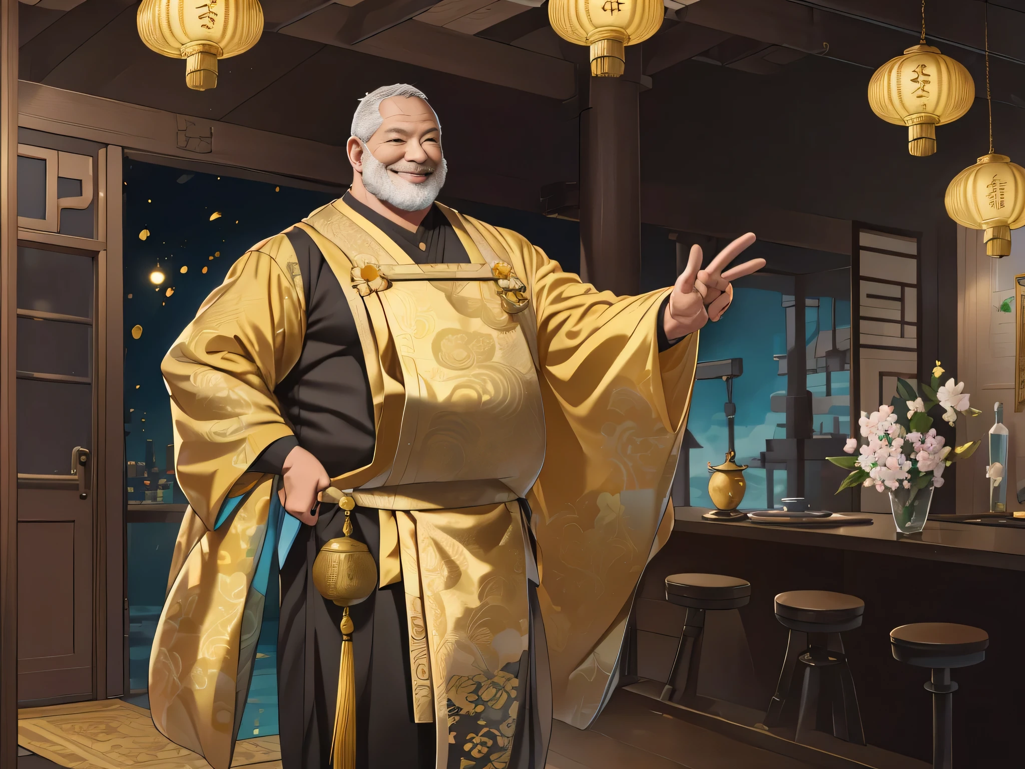 (ridiculous, high resolution, super detailed, realistic,), 1 middle-aged fat man, standing outside the door, 50 years old, nodding happily, hands on his back, head down, happy, happy, Qing dynasty style, gold theme robe, greasy, rich, rich man, room, ancient Chinese style, HD photo.