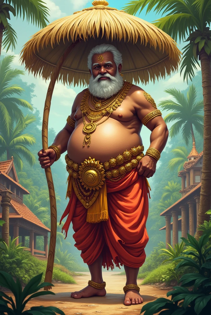 Kerala maveli with Kerala background big stomach full of gold ornaments dothi without beard with plam umbrella. Maveli on crazy movement without beard remove faceill hair older person