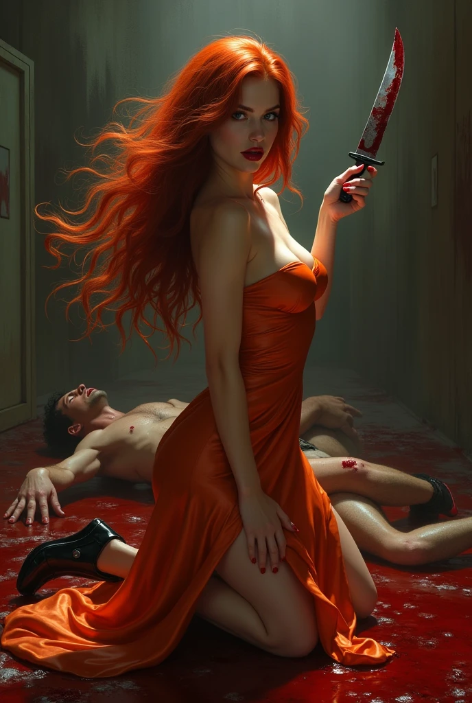 Seductive and Beautiful young woman with a soul of pure evil and hatred. Alluring long red haired serial killer wearing a silky orange dress with a queen anne neckline and black heels. Surrounded by blood and bodies. She attacks a man viciously, A bloody knife in her right hand. A sinister smile crosses her glossy red lips.