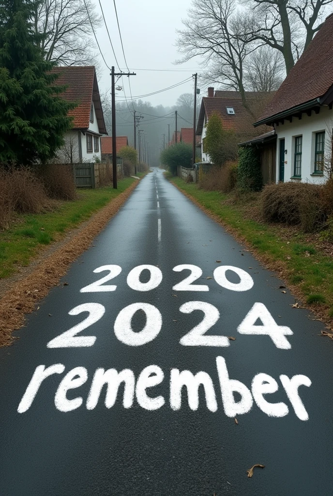 Village asphalt road, 2020/2024 remember  is written in white paint on the road