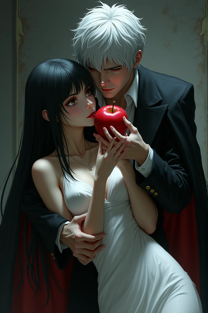 Create an image where Light Yagami from Death Note is , holding a woman by the waist while she is leaning over a little with a white dress clinging to her body , with straight black hair , long hair reaching to her waist brown eyes white skin , while she is forced to bite a red apple that Light is holding and next to her is Riuk, her shinigami, watching them