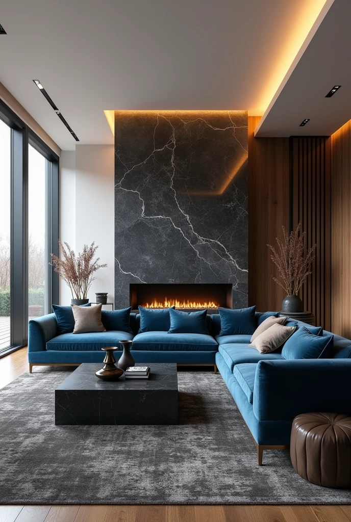 Professional 3d architecture rendering design of modern living room with so dark gray and dark beige and so dark vintage blue floranca velvet sofa set and medium flouting dark gray marble fireplace and brown laminate and elegant and modern accessories and modern windows and black slab stone middle table and elegant ceiling lighting and elegant accessories and elegant dark gray Persian carpet and modern ceiling lighting and white wall and elegant accessories