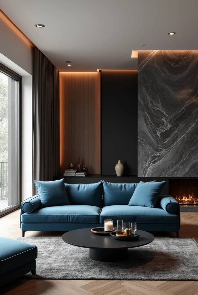 Professional 3d architecture rendering design of modern living room with so dark gray and dark beige and so dark vintage blue floranca velvet sofa set and medium flouting dark gray marble fireplace and brown laminate and elegant and modern accessories and modern windows and black slab stone middle table and elegant ceiling lighting and elegant accessories and elegant dark gray Persian carpet and modern ceiling lighting and white wall and elegant accessories